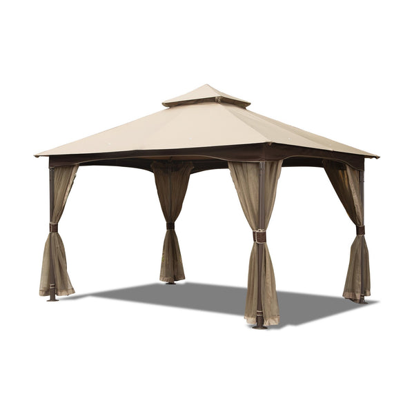 English Elm 10'x13' Gazebo Khaki – Heavy-Duty Metal Frame Double-Roof Patio Canopy with Zip Mosquito Netting W1859112528