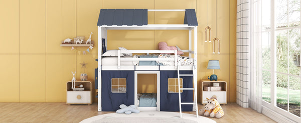 English Elm Twin Playhouse Bunk Bed Pinewood Cottage Style with Framed Windows and Cozy Lower Nook LT000359AAC