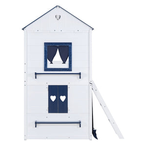 English Elm Twin Playhouse Bunk Bed Pinewood Cottage Style with Framed Windows and Cozy Lower Nook LT000359AAC