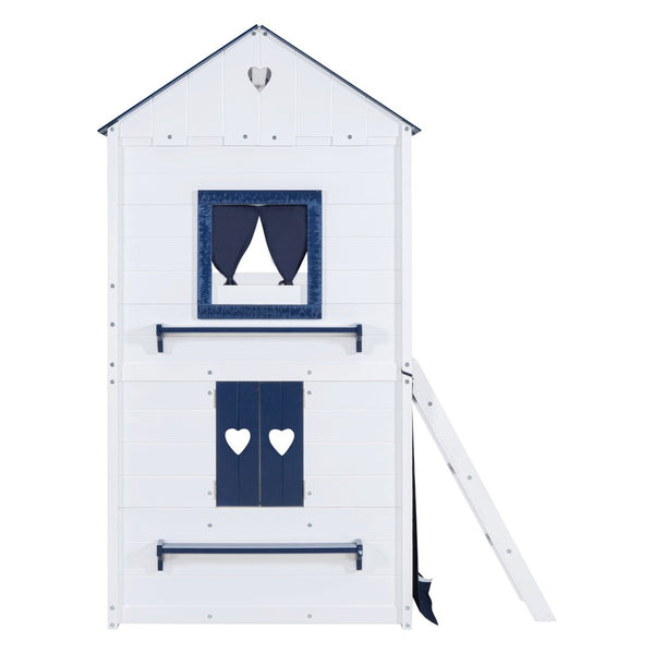 English Elm Twin Playhouse Bunk Bed Pinewood Cottage Style with Framed Windows and Cozy Lower Nook LT000359AAC