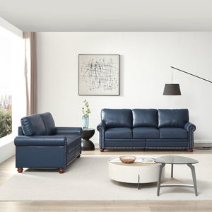 English Elm Living Room Sectional Sofa Set with Hidden Storage Pu Leather Nailhead Trim Navy Blue W1097S00275