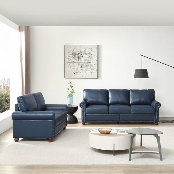 English Elm Living Room Sectional Sofa Set with Hidden Storage Pu Leather Nailhead Trim Navy Blue W1097S00275
