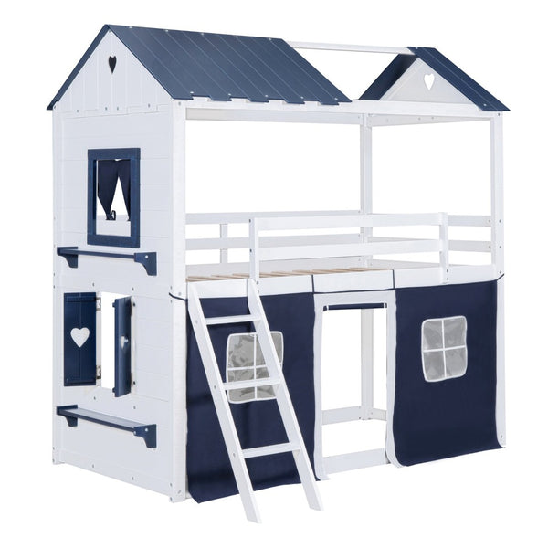 English Elm Twin Playhouse Bunk Bed Pinewood Cottage Style with Framed Windows and Cozy Lower Nook LT000359AAC