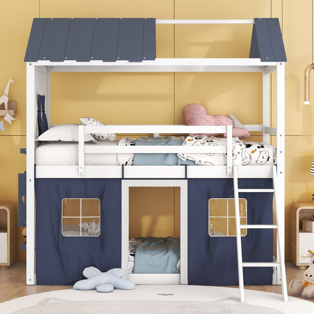 English Elm Twin Playhouse Bunk Bed Pinewood Cottage Style with Framed Windows and Cozy Lower Nook LT000359AAC