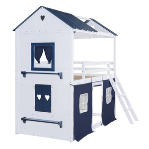 English Elm Twin Playhouse Bunk Bed Pinewood Cottage Style with Framed Windows and Cozy Lower Nook LT000359AAC