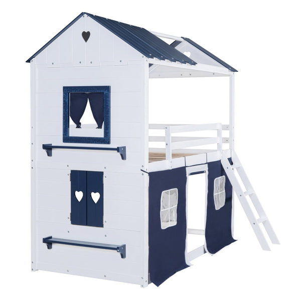 English Elm Twin Playhouse Bunk Bed Pinewood Cottage Style with Framed Windows and Cozy Lower Nook LT000359AAC