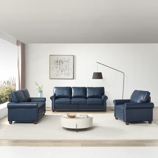 English Elm Living Room Sofa Set With Storage - 1+2+3 Sectional In Navy Faux Leather, Stylish & Functional Design W1097S00165