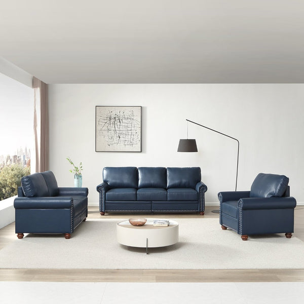 English Elm Living Room Faux Leather Sectional Set with Hidden Storage and Nailhead Trim Seating Navy Blue W1097S00278