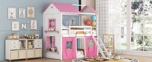 English Elm Twin Playhouse Bunk Bed Pinewood Cottage Style with Framed Windows and Cozy Lower Nook LT000359AAH
