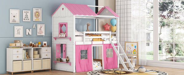 English Elm Twin Playhouse Bunk Bed Pinewood Cottage Style with Framed Windows and Cozy Lower Nook LT000359AAH