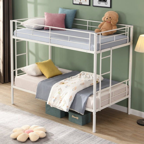 English Elm Metal Twin Over Bunk Bed with Stairs Steel Frame Kids Shared Bedroom White W311120499