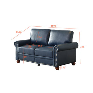 English Elm Living Room Sofa Loveseat With Round Arms, Silver Nailhead Trim, Navy Faux Leather & Storage Compartment W1097S00162