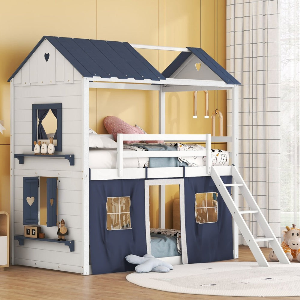 English Elm Twin Playhouse Bunk Bed Pinewood Cottage Style with Framed Windows and Cozy Lower Nook LT000359AAC