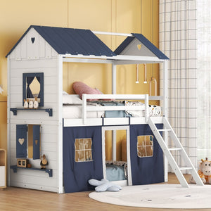 English Elm Twin Playhouse Bunk Bed Pinewood Cottage Style with Framed Windows and Cozy Lower Nook LT000359AAC