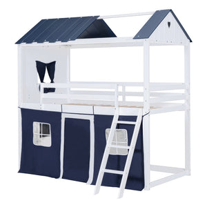 English Elm Twin Playhouse Bunk Bed Pinewood Cottage Style with Framed Windows and Cozy Lower Nook LT000359AAC