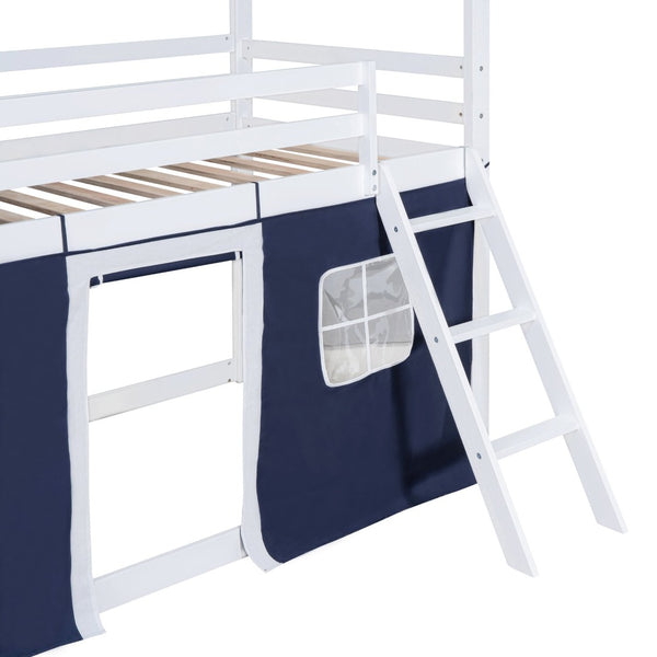English Elm Twin Playhouse Bunk Bed Pinewood Cottage Style with Framed Windows and Cozy Lower Nook LT000359AAC