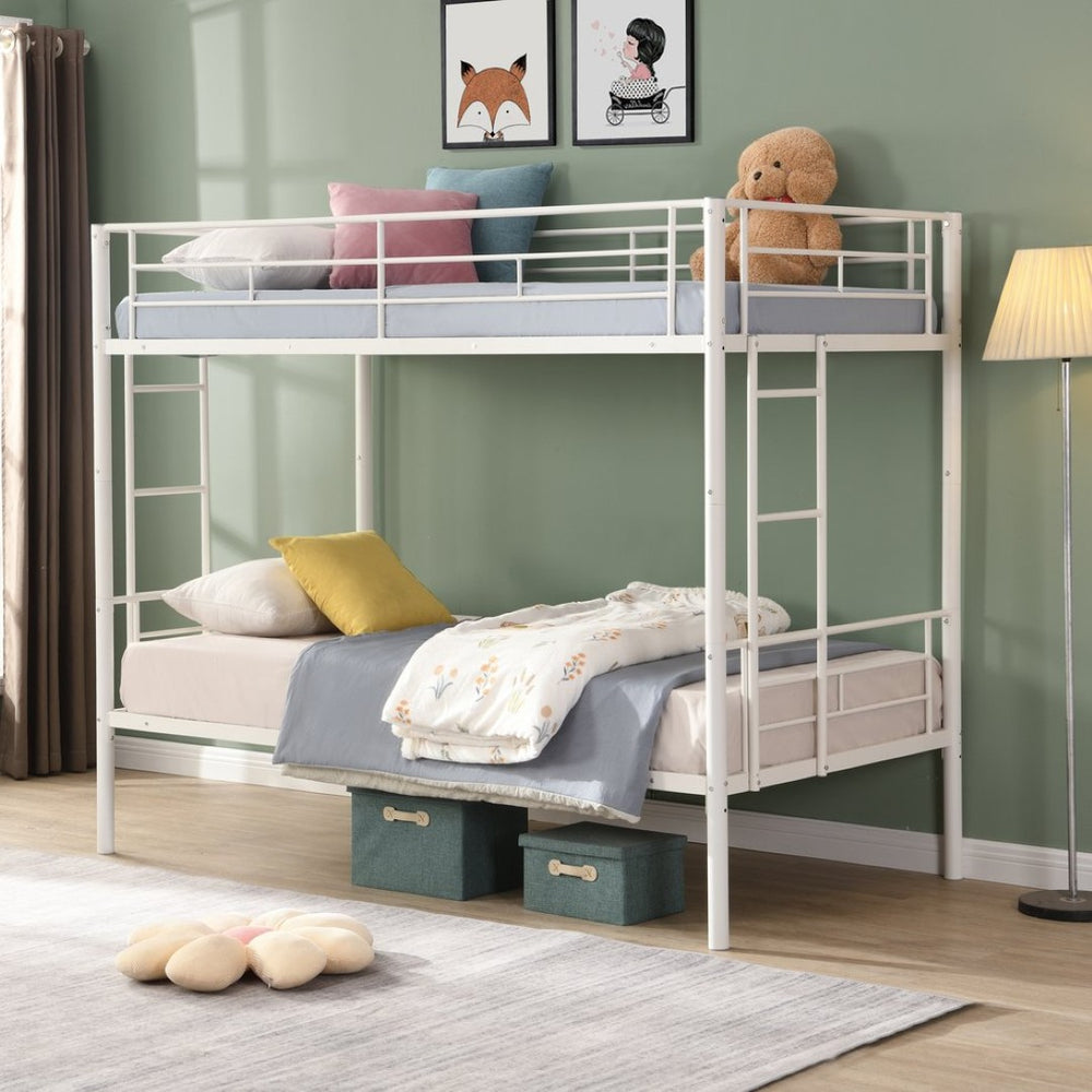 English Elm Metal Twin Over Bunk Bed with Stairs Steel Frame Kids Shared Bedroom White W311120499