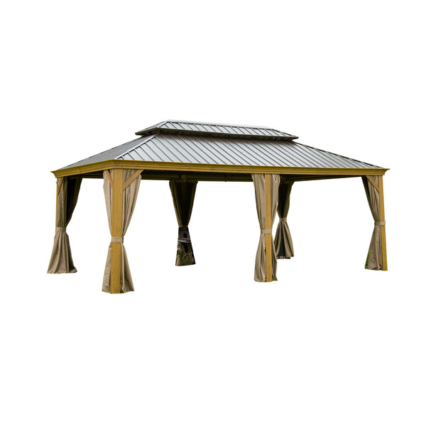 English Elm 12'X18' Elegant Hardtop Gazebo With Wood-Look Aluminum Frame, Double Roof, Curtains & Netting For Patios W1859S00016
