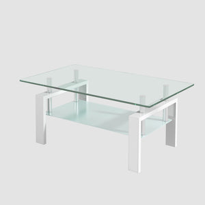 English Elm Tempered Glass Two Tier Coffee Table with Metal Legs for Modern Living Rooms W1718120236