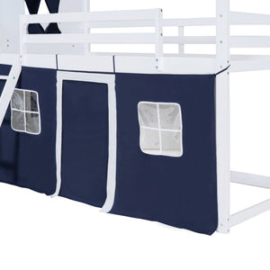 English Elm Twin Playhouse Bunk Bed Pinewood Cottage Style with Framed Windows and Cozy Lower Nook LT000359AAC
