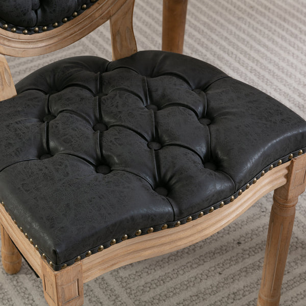 English Elm French Solid Wood Dining Chair with Hand-Pulled Backrest, High-Density Foam Cushion, Nailhead Trim, Sturdy Legs Black PU W1143137916