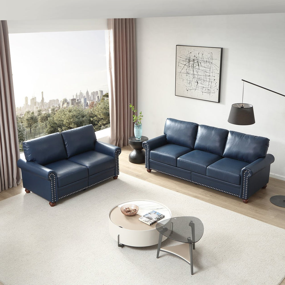 English Elm Living Room Sofa With Storage - Stylish 2+3 Sectional In Navy Blue Faux Leather For Ultimate Comfort W1097S00164