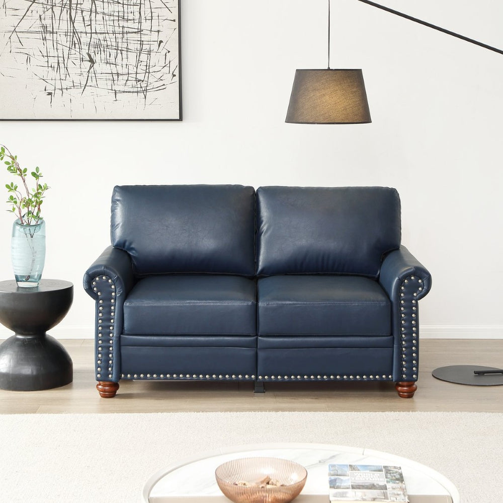English Elm Living Room Navy Faux Leather Loveseat with Nail Head Trim and Hidden Storage W1097S00290