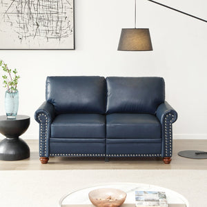 English Elm Living Room Navy Faux Leather Loveseat with Nail Head Trim and Hidden Storage W1097S00290