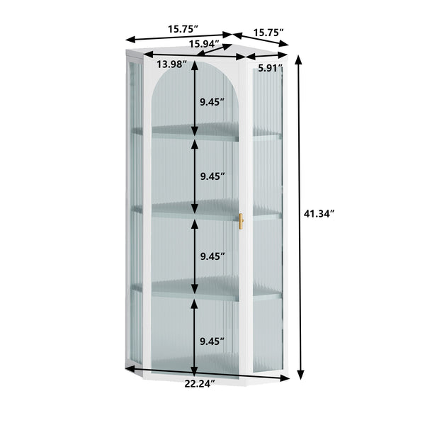 English Elm Glass Ribbed Glass Door Corner Cabinet Wall Mounted 4-Tier Storage White Modern Dust-Resistant 22"L x 41"H W757130160