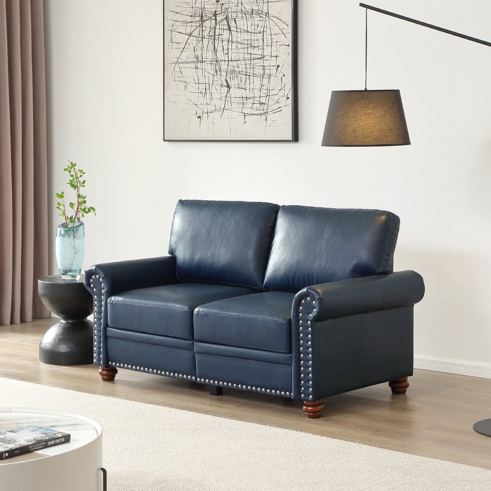 English Elm Living Room Navy Faux Leather Loveseat with Nail Head Trim and Hidden Storage W1097S00290