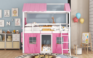 English Elm Twin Playhouse Bunk Bed Pinewood Cottage Style with Framed Windows and Cozy Lower Nook LT000359AAH