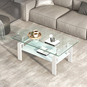 English Elm Tempered Glass Two Tier Coffee Table with Metal Legs for Modern Living Rooms W1718120236