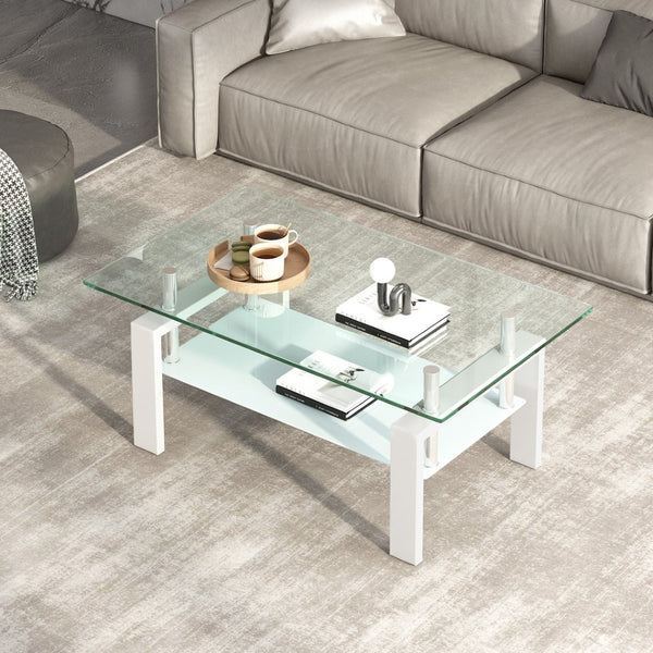 English Elm Tempered Glass Two Tier Coffee Table with Metal Legs for Modern Living Rooms W1718120236