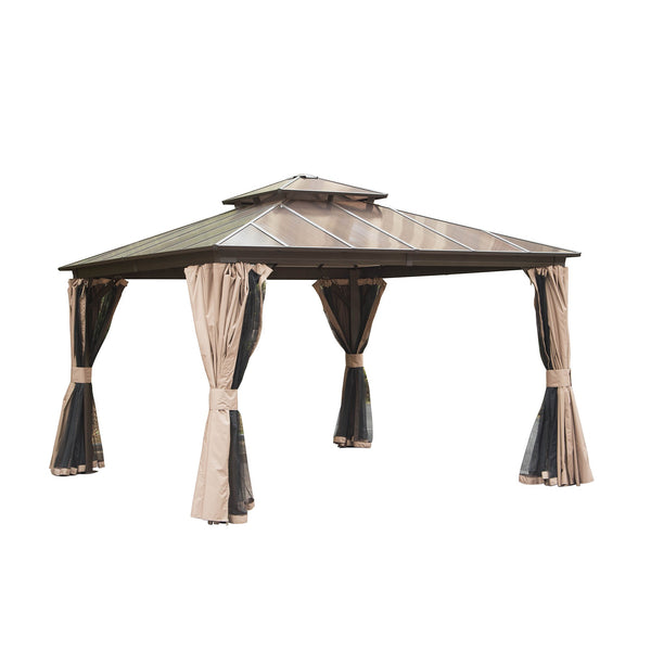 English Elm 12'X12' Hardtop Gazebo - Stylish Aluminum Pavilion With Double Roof, Curtains & Net For Outdoor Comfort W1859S00023