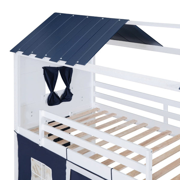 English Elm Twin Playhouse Bunk Bed Pinewood Cottage Style with Framed Windows and Cozy Lower Nook LT000359AAC