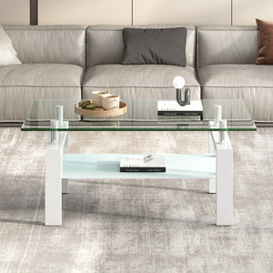 English Elm Tempered Glass Two Tier Coffee Table with Metal Legs for Modern Living Rooms W1718120236