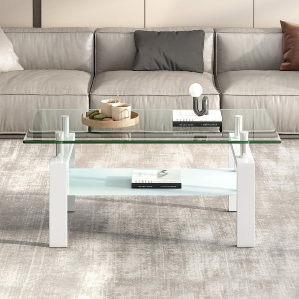 English Elm Tempered Glass Two Tier Coffee Table with Metal Legs for Modern Living Rooms W1718120236