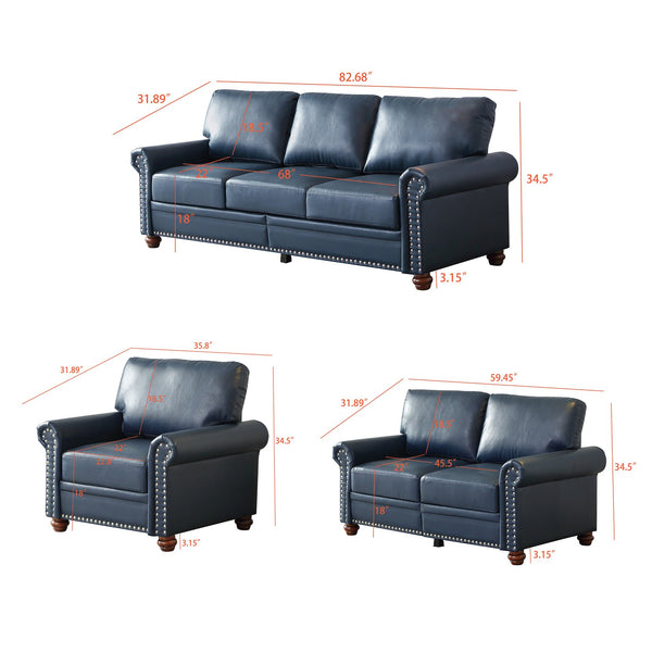 English Elm Living Room Sofa Set With Storage - 1+2+3 Sectional In Navy Faux Leather, Stylish & Functional Design W1097S00165