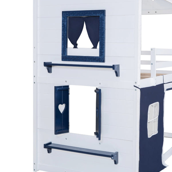 English Elm Twin Playhouse Bunk Bed Pinewood Cottage Style with Framed Windows and Cozy Lower Nook LT000359AAC