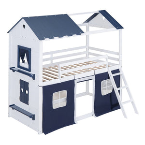 English Elm Twin Playhouse Bunk Bed Pinewood Cottage Style with Framed Windows and Cozy Lower Nook LT000359AAC