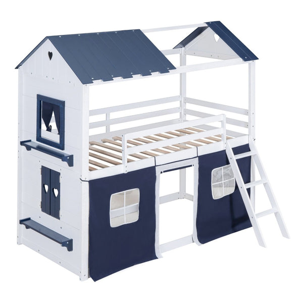 English Elm Twin Playhouse Bunk Bed Pinewood Cottage Style with Framed Windows and Cozy Lower Nook LT000359AAC