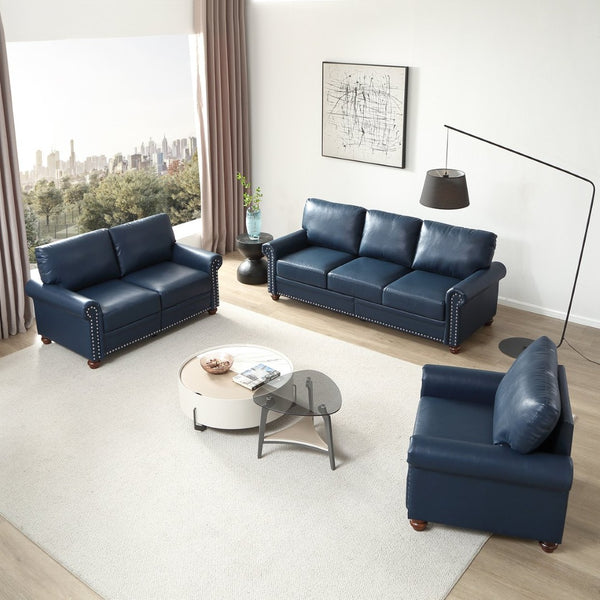 English Elm Living Room Faux Leather Sectional Set with Hidden Storage and Nailhead Trim Seating Navy Blue W1097S00278