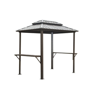 English Elm Grill Outdoor 8'×6' Aluminum BBQ Gazebo with Double Roof, Shelves & Serving Tables for Patio Deck Brown W1859S00037