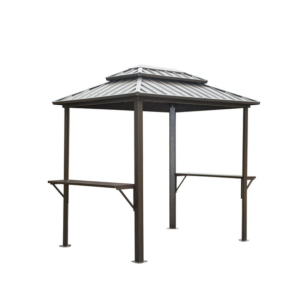 English Elm Grill Outdoor 8'×6' Aluminum BBQ Gazebo with Double Roof, Shelves & Serving Tables for Patio Deck Brown W1859S00037