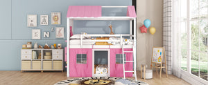 English Elm Twin Playhouse Bunk Bed Pinewood Cottage Style with Framed Windows and Cozy Lower Nook LT000359AAH