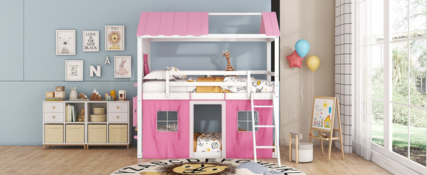 English Elm Twin Playhouse Bunk Bed Pinewood Cottage Style with Framed Windows and Cozy Lower Nook LT000359AAH