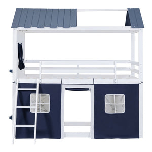 English Elm Twin Playhouse Bunk Bed Pinewood Cottage Style with Framed Windows and Cozy Lower Nook LT000359AAC