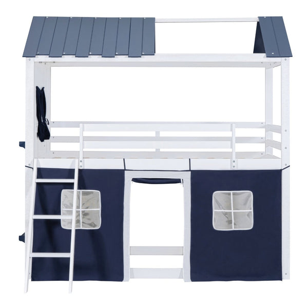 English Elm Twin Playhouse Bunk Bed Pinewood Cottage Style with Framed Windows and Cozy Lower Nook LT000359AAC