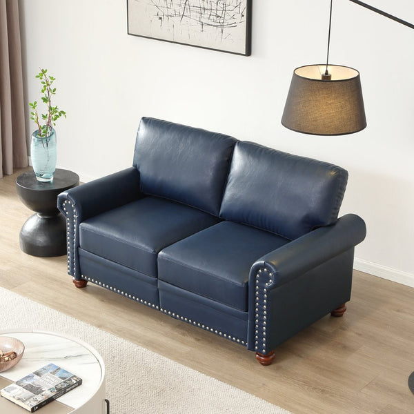 English Elm Living Room Sectional Sofa Set with Hidden Storage Pu Leather Nailhead Trim Navy Blue W1097S00275