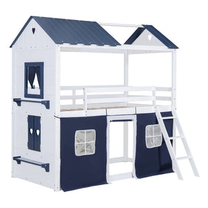 English Elm Twin Playhouse Bunk Bed Pinewood Cottage Style with Framed Windows and Cozy Lower Nook LT000359AAC